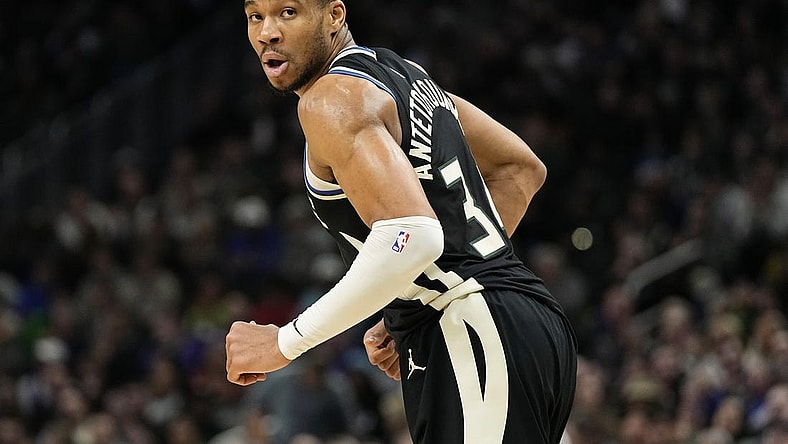 Mar 14, 2024; Milwaukee, Wisconsin, USA; Milwaukee Bucks forward Giannis Antetokounmpo (34) looks over his shoulder during the second quarter against the Philadelphia 76ers at Fiserv Forum. Mandatory Credit: Jeff Hanisch-USA TODAY Sports