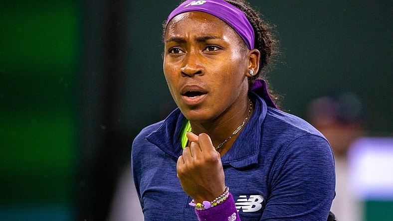 Coco Gauff celebrates a point against Maria Sakkari during the WTA semifinals of the BNP Paribas Open in Indian Wells, Calif., Friday, March 15, 2024.