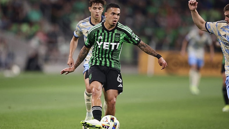 Mar 16, 2024; Austin, Texas, USA; Austin FC midfielder Dani Pereira (6) controls the ball against Philadelphia Union midfielder Quinn Sullivan (33) in the second half at Q2 Stadium. Mandatory Credit: Erich Schlegel-USA TODAY Sports
