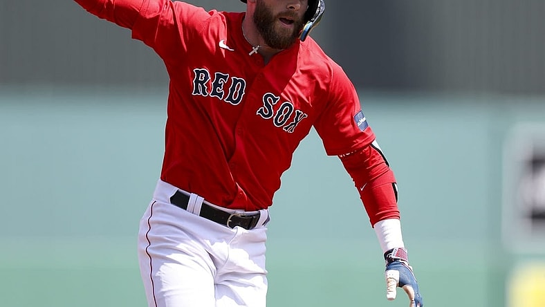 Mar 17, 2024; Fort Myers, Florida, USA;  Boston Red Sox shortstop Trevor Story (10) runs the bases after hitting a three-run home run against the New York Yankees in the first inning at JetBlue Park at Fenway South. Mandatory Credit: Nathan Ray Seebeck-USA TODAY Sports