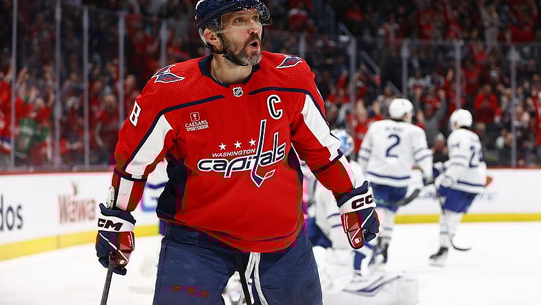 Mar 20, 2024; Washington, District of Columbia, USA; Washington Capitals left wing Alex Ovechkin (8) celebrates after scoring a goal against the Toronto Maple Leafs during the third period at Capital One Arena. Mandatory Credit: Amber Searls-USA TODAY Sports