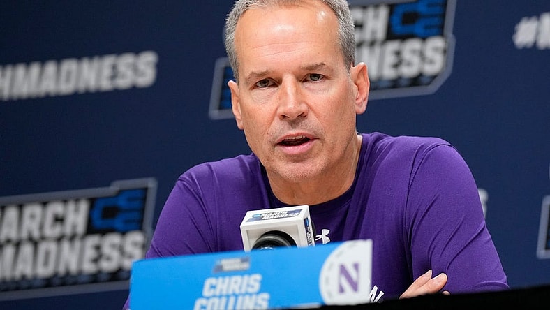 Mar 21, 2024; Brooklyn, NY, USA;  Northwestern coach Chris Collins talks to the media at a press conference at Barclays Center. Mandatory Credit: Robert Deutsch-USA TODAY Sports