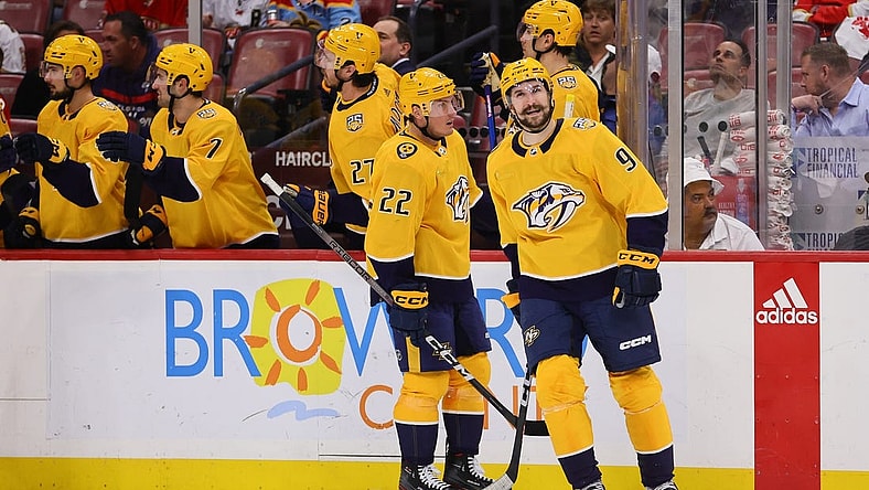 Mar 21, 2024; Sunrise, Florida, USA; Nashville Predators left wing Filip Forsberg (9) looks on after scoring against the Florida Panthers during the second period at Amerant Bank Arena. Mandatory Credit: Sam Navarro-USA TODAY Sports