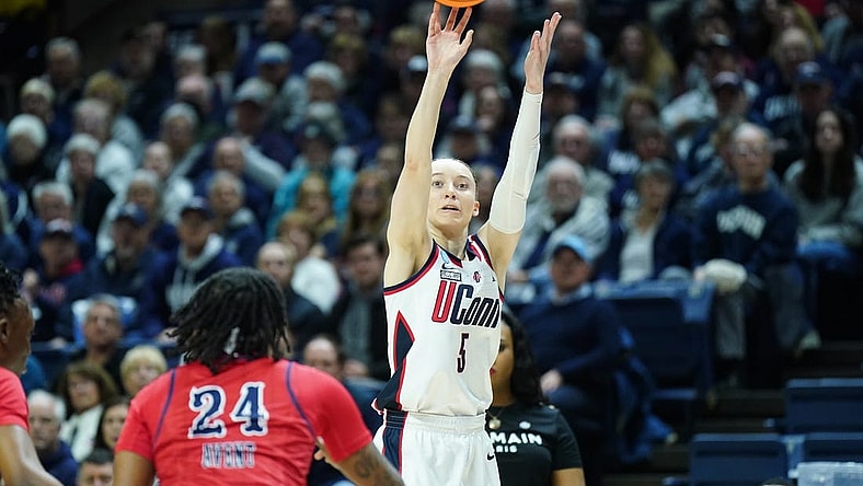 Mar 23, 2024; Storrs, Connecticut, USA;UConn Huskies guard Paige Bueckers (5) shoots the ball against the Jackson State Lady Tigers in the first half at Harry A. Gampel Pavilion. Mandatory Credit: David Butler II-USA TODAY Sports