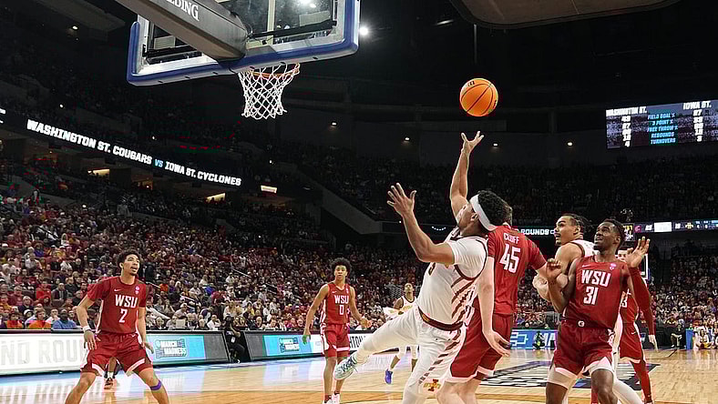 Iowa State Cyclones guard Tamin Lipsey (3) shoots the ball in a second-round NCAA Tournament game between Iowa State and Washington State, Saturday, March 23, 2024 at CHI Health Center Arena in Omaha.