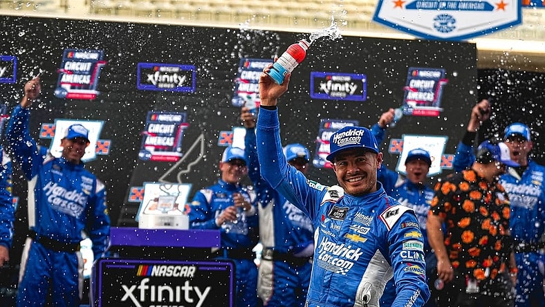 Kyle Larson (17) celebrates winning the NASCAR Xfinity Series Focus Health 250 at the Circuit of the Americas on Saturday, March 23, 2024 in Austin.