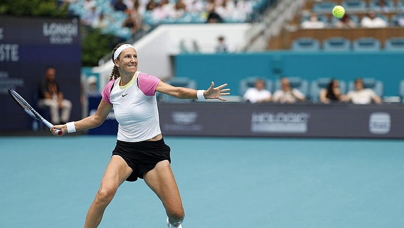 Mar 26, 2024; Miami Gardens, FL, USA; Victoria Azarenka hits a forehand against Yulia Putintseva (KAZ) (not pictured) on day nine of the Miami Open at Hard Rock Stadium. Mandatory Credit: Geoff Burke-USA TODAY Sports