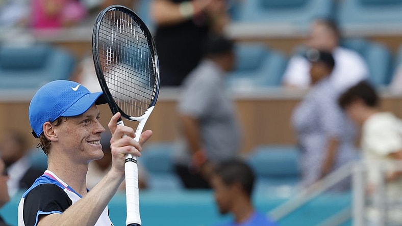 Mar 29, 2024; Miami Gardens, FL, USA; Jannik Sinner (ITA) waves to the fans after his match against Daniil Medvedev (not pictured) in a men's singles semifinal of the Miami Open at Hard Rock Stadium. Mandatory Credit: Geoff Burke-USA TODAY Sports