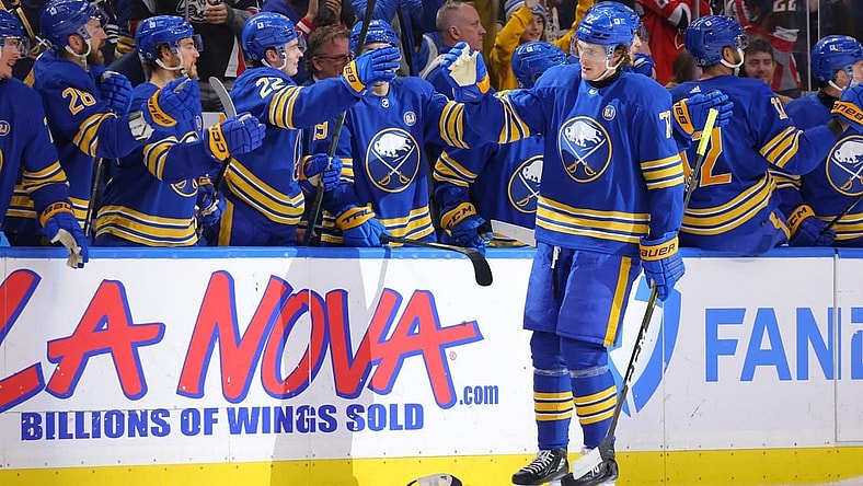 Mar 29, 2024; Buffalo, New York, USA;  Buffalo Sabres right wing Tage Thompson (72) celebrates his third goal of the game with teammates during the third period against the New Jersey Devils at KeyBank Center. Mandatory Credit: Timothy T. Ludwig-USA TODAY Sports
