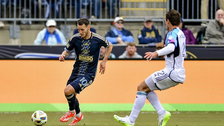 Mar 30, 2024; Philadelphia, Pennsylvania, USA; Philadelphia Union midfielder Daniel Gazdag (10) dribbles the ball during the first half at Subaru Park. Mandatory Credit: Caean Couto-USA TODAY Sports