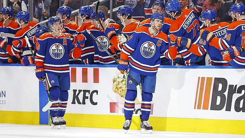 Mar 30, 2024; Edmonton, Alberta, CAN; The Edmonton Oilers celebrate a goal scored by forward Connor McDavid (97) during the second period against the Anaheim Ducks at Rogers Place. Mandatory Credit: Perry Nelson-USA TODAY Sports