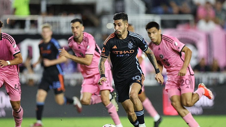 Mar 30, 2024; Fort Lauderdale, Florida, USA; New York City FC forward Santiago Rodriguez (10) dribbles against Inter Miami CF during the first half at Chase Stadium. Mandatory Credit: Nathan Ray Seebeck-USA TODAY Sports