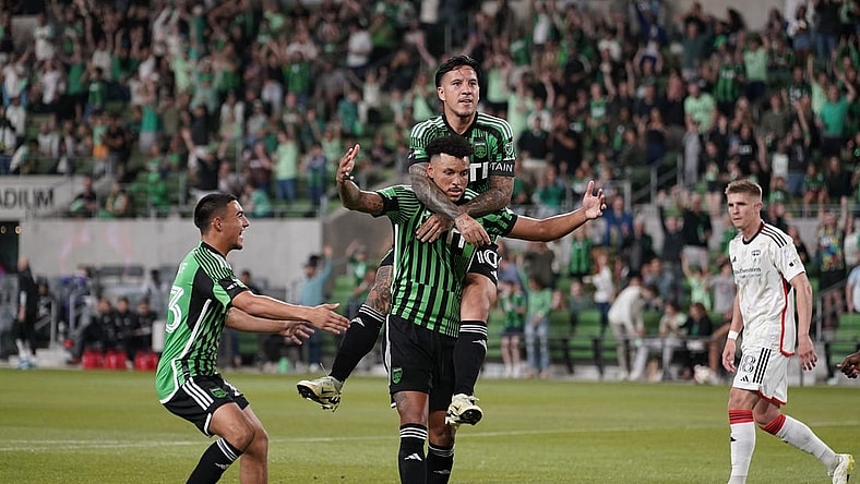 Mar 30, 2024; Austin, Texas, USA; Austin FC defender Julio Cascante (18) celebrates a goal in the second half against FC Dallas at Q2 Stadium. Mandatory Credit: Scott Wachter-USA TODAY Sports