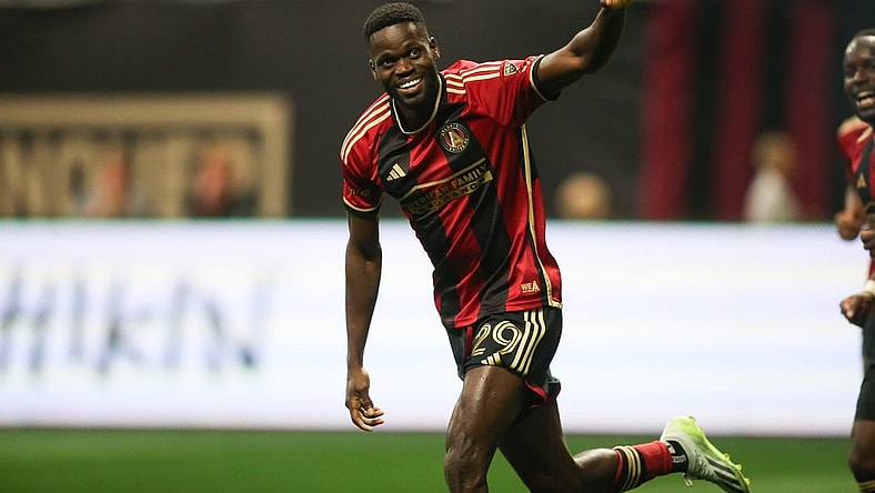 Mar 31, 2024; Atlanta, Georgia, USA; Atlanta United forward Jamal Thiare (29) celebrates after a goal was scored in the second half of the match against Chicago Fire FC at Mercedes-Benz Stadium. Mandatory Credit: Brett Davis-USA TODAY Sports