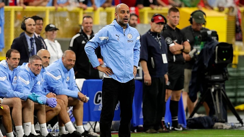 Manchester City manager Pep Guardiola watches a play during the team's exhibition match against FC Bayern Munich at Lambeau Field on July 23, 2022, in Green Bay, Wis.

Gpg Lambeausoccer 072322 Sk48