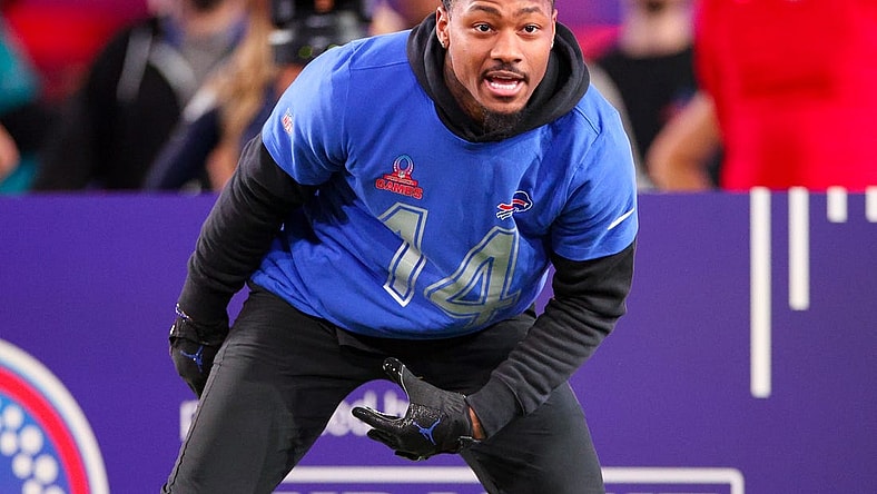 Feb 1, 2024; Orlando, FL, USA; Buffalo Bills wide receiver Stefon Diggs (14) participates in the NFL Pro Bowl Skills Competition at the UCF NIcholson Fieldhouse. Mandatory Credit: Nathan Ray Seebeck-USA TODAY Sports