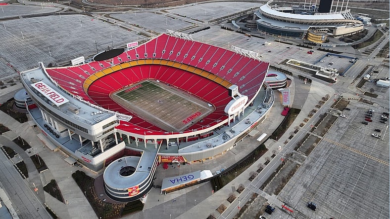Feb 14, 2024; Kansas City, MO, USA; A general overall aerial view of Arrowhead Stadium (foreground) and Kauffman Stadium at the Truman Sports Complex. Mandatory Credit: Kirby Lee-USA TODAY Sports