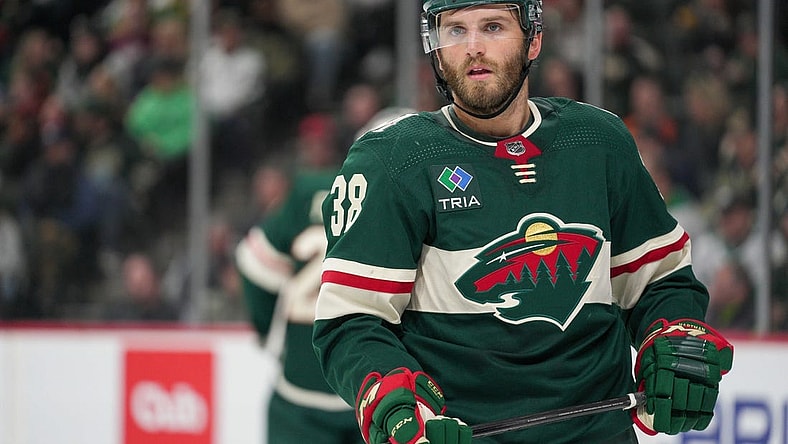 Feb 19, 2024; Saint Paul, Minnesota, USA; Minnesota Wild right wing Ryan Hartman (38) during a break in the action against the Vancouver Canucks in the third period at Xcel Energy Center. Mandatory Credit: Matt Blewett-USA TODAY Sports