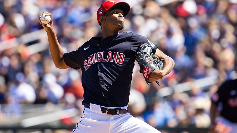 Mar 11, 2024; Goodyear, Arizona, USA; Cleveland Guardians pitcher Triston McKenzie against the Los Angeles Dodgers during a spring training game at Goodyear Ballpark. Mandatory Credit: Mark J. Rebilas-USA TODAY Sports