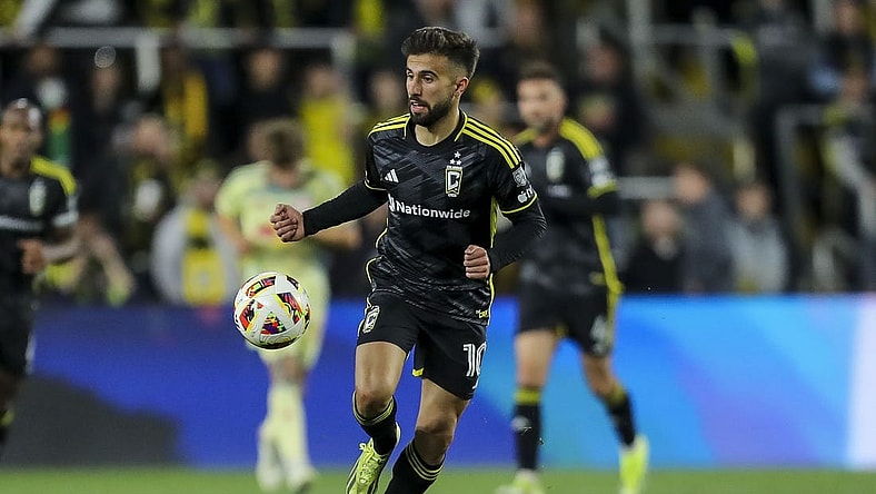 Mar 16, 2024; Columbus, Ohio, USA; Columbus Crew forward Diego Rossi (10) dribbles against the New York Red Bulls in the second half at Lower.com Field. Mandatory Credit: Katie Stratman-USA TODAY Sports