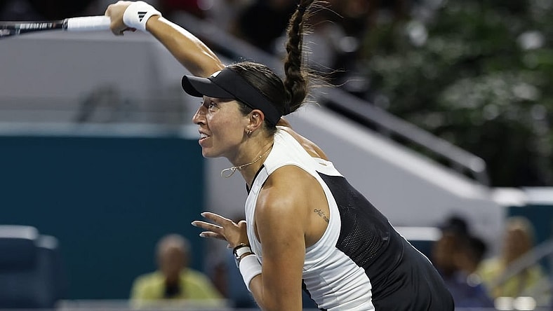Mar 27, 2024; Miami Gardens, FL, USA; Jessica Pegula (USA) serves against Ekaterina Alexandrova (not pictured) on day ten of the Miami Open at Hard Rock Stadium. Mandatory Credit: Geoff Burke-USA TODAY Sports