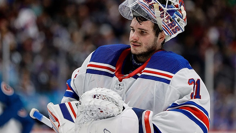Mar 28, 2024; Denver, Colorado, USA; New York Rangers goaltender Igor Shesterkin (31) in overtime against the Colorado Avalanche at Ball Arena. Mandatory Credit: Isaiah J. Downing-USA TODAY Sports