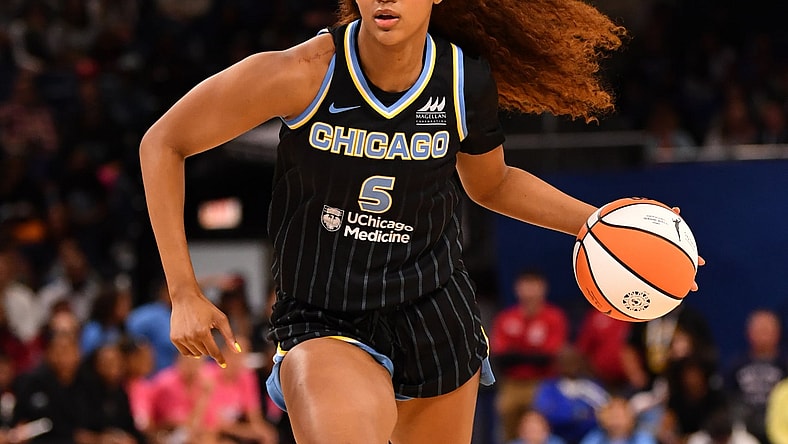 Chicago Sky forward Angel Reese (5) drives towards the basket during the first half against the Dallas Wings at the Wintrust Arena.