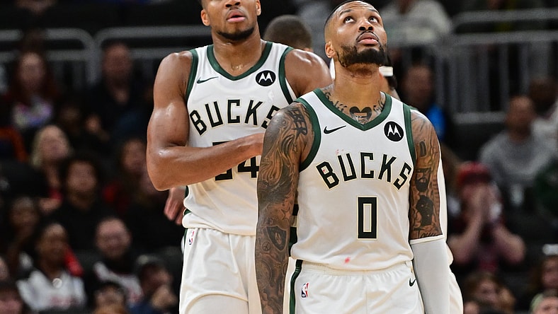 Milwaukee Bucks players Giannis Antetokounmpo and Damian Lillard