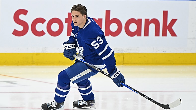 NHL: Easton Cowan, Toronto Maple Leafs rookie forward, skates during pregame warmup
