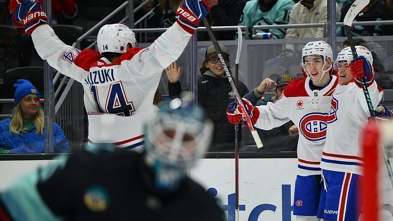 NHL: Montreal Canadiens at Seattle Kraken, cole caufield, nick suzuki, lane hutson