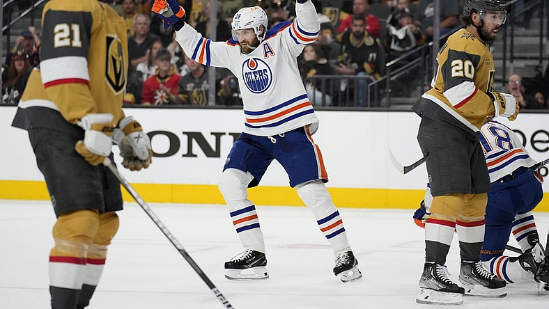 Vegas Golden Knights, Leon Draisaitl celebrates for Edmonton Oilers, Stanley Cup Playoffs