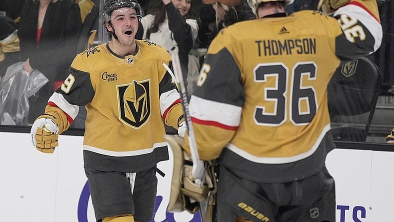 Vegas Golden Knights center Brendan Brisson (19) celebrates after scoring against the Pittsburgh Penguins during the third period of an NHL hockey game Saturday, Jan. 20, 2024, in Las Vegas. (AP Photo/John Locher)