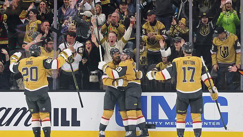 The Vegas Golden Knights celebrate scoring a first-period goal against the San Jose Sharks 12/23/2025 (Photo/Screenshot- Vegas Golden Knights via Twitter)