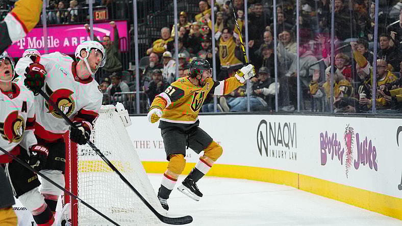 Vegas Golden Knights Captain Mark Stone celebrates scoring a third-period goal against the Ottawa Senators 11/26/2025 (Photo/Screenshot- Vegas Golden Knights via Twitter)