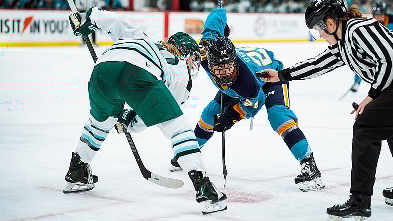 New York Sirens forward Casey O'Brien readies for a faceoff against the Boston Fleet.