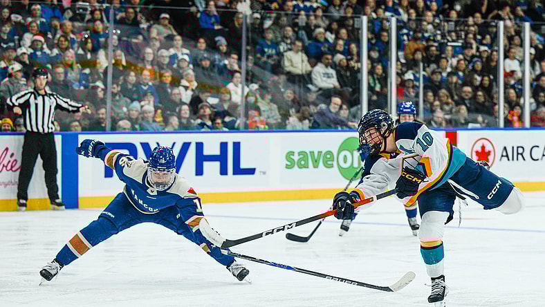 New York Sirens forward Sarah Fillier takes a shot against the Vancouver Goldeneyes.