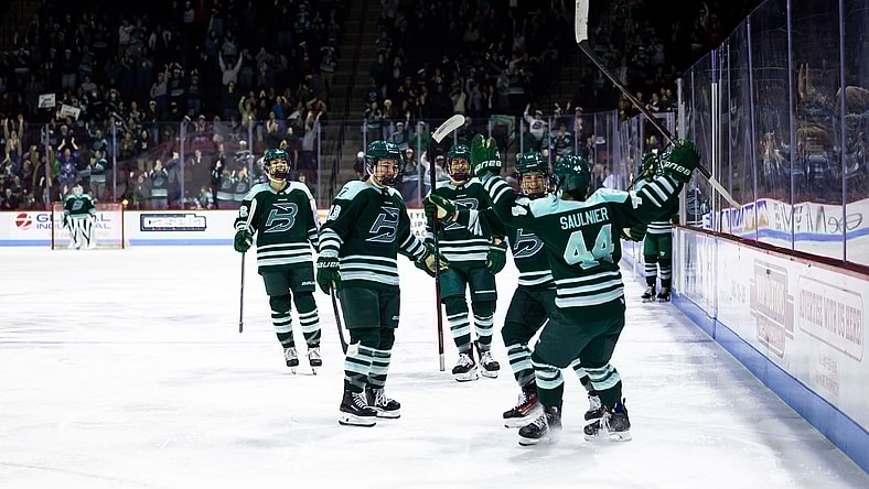 The Boston Fleet celebrate after a goal against the Vancouver Goldeneyes.