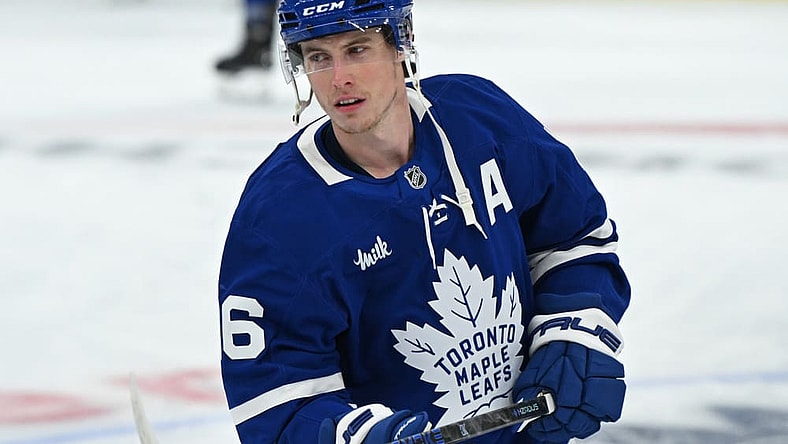 TORONTO, ON - MAY 07: Toronto Maple Leafs Right Wing Mitchell Marner (16) in warmups prior to the Stanley Cup Playoffs Second Round Game 2 between the Florida Panthers and Toronto Maple Leafs on May 7, 2025 at Scotiabank Arena in Toronto, On. (Photo by Gerry Angus/Icon Sportswire)
