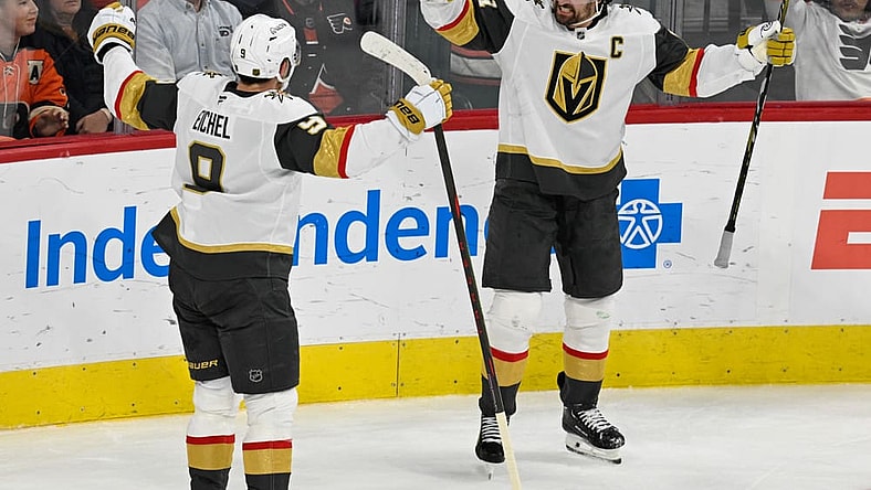 PHILADELPHIA , PA - DECEMBER 11: Vegas Golden Knights center Jack Eichel #9 and Vegas Golden Knights right wing Mark Stone #61 celebrate the overtime goal during the game between the Vegas Golden Knights and the Philadelphia Flyers on December 11th, 2025 at the Xfinity Mobile Center in Philadelphia, PA. (Photo by Terence Lewis/Icon Sportswire)
