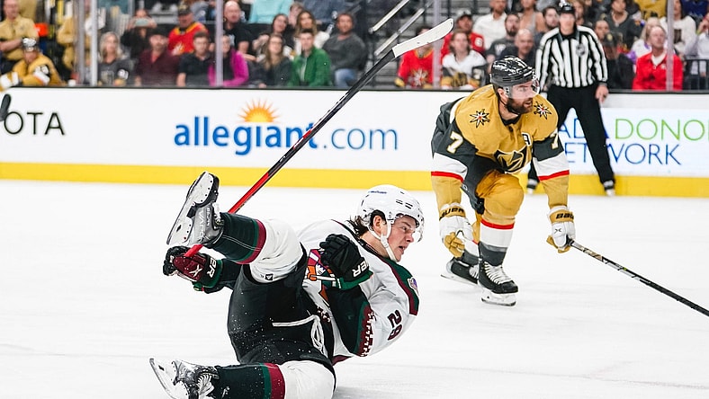 Alex Pietrangelo and Barrett Hayton Vegas Golden Knights Arizona Coyotes (Photo- Arizona Coyotes via Twitter)