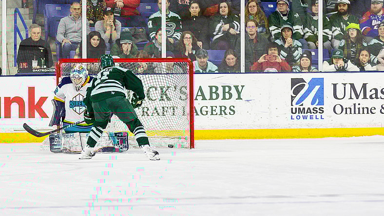 Boston Fleet forward Alina Müller scores the shootout game-winner against New York Sirens goalie Kayle Osborne.