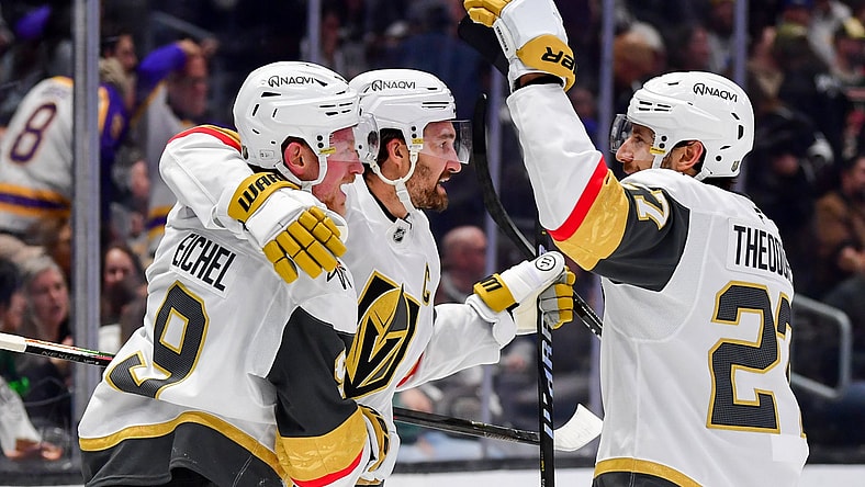 Vegas Golden Knights Mark Stone, Jack Eichel, and Shea Theodore celebrate scoring an overtime game-winning goal against the Los Angeles Kings 1/14/2026 (Photo/Screenshot- Vegas Golden Knights via Twitter)