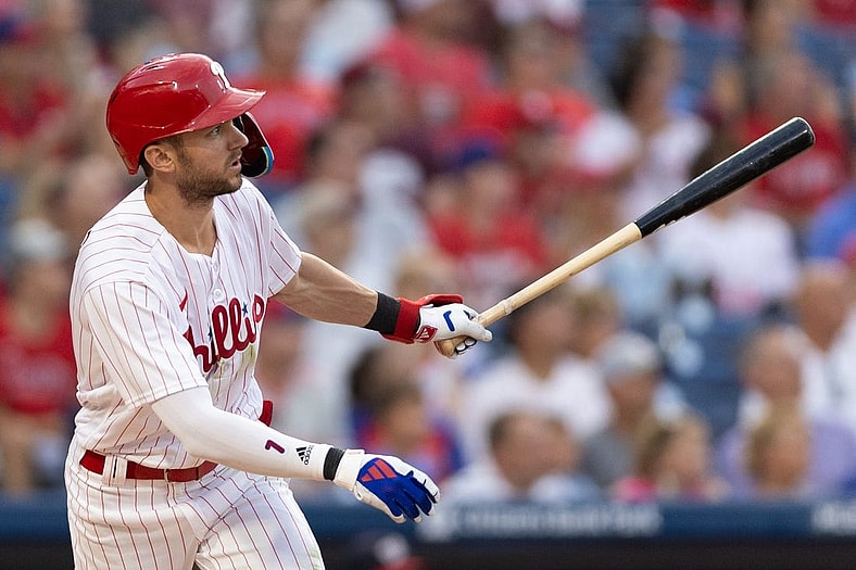 Aug 8, 2023; Philadelphia, Pennsylvania, USA; Philadelphia Phillies shortstop Trea Turner (7) hits an RBI double during the first inning against the Washington Nationals at Citizens Bank Park. Mandatory Credit: Bill Streicher-USA TODAY Sports