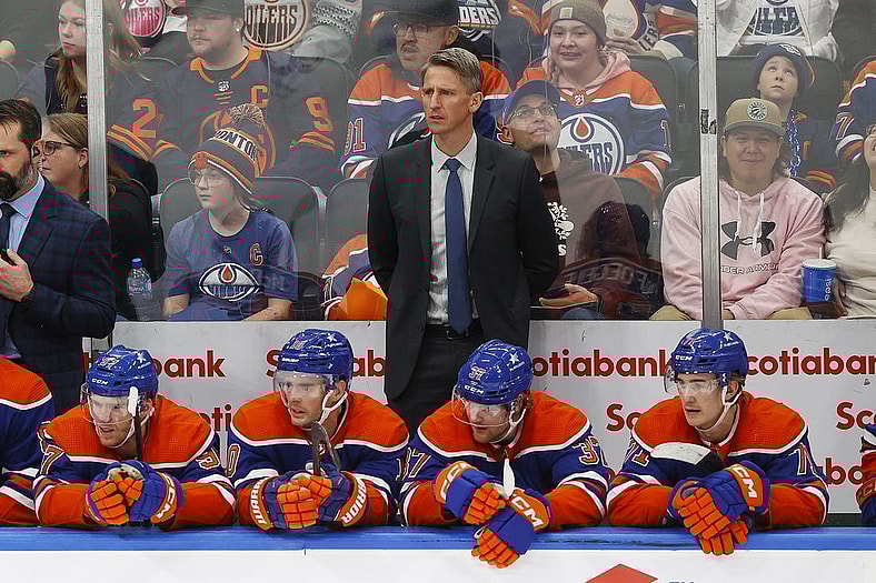 Nov 13, 2023; Edmonton, Alberta, CAN; Edmonton Oilers Head Coach Kris Knoblauch looks on against the New York Islanders at Rogers Place. Mandatory Credit: Perry Nelson-USA TODAY Sports
