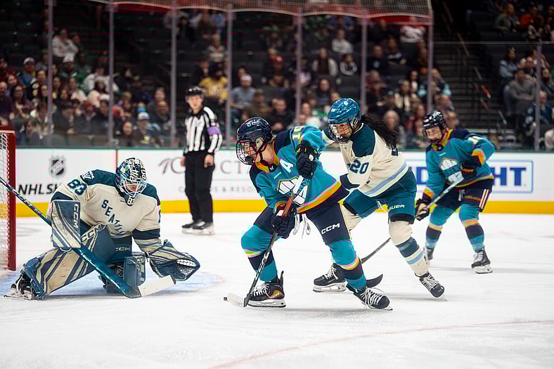 New York Sirens forward Sarah Fillier places a shot on goal against Seattle Torrent goalie Hannah Murphy.