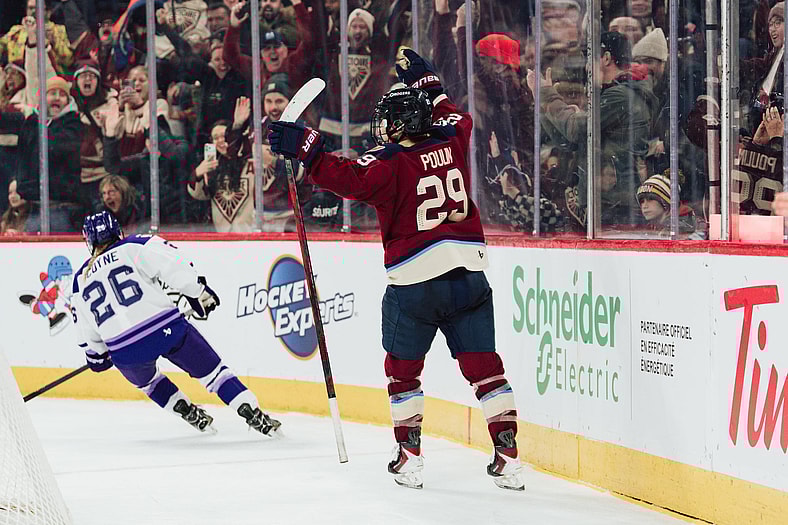 Montreal Victoire captain Marie-Philip Poulin celebrates a goal against the Minnesota Frost.