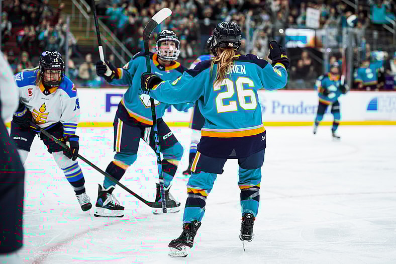 New York Sirens rookies Kristyna Kaltounkova and Casey O'Brien celebrate after a goal.