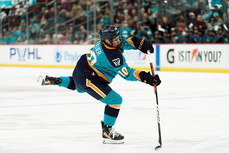 New York Sirens forward Sarah Fillier releases a shot.