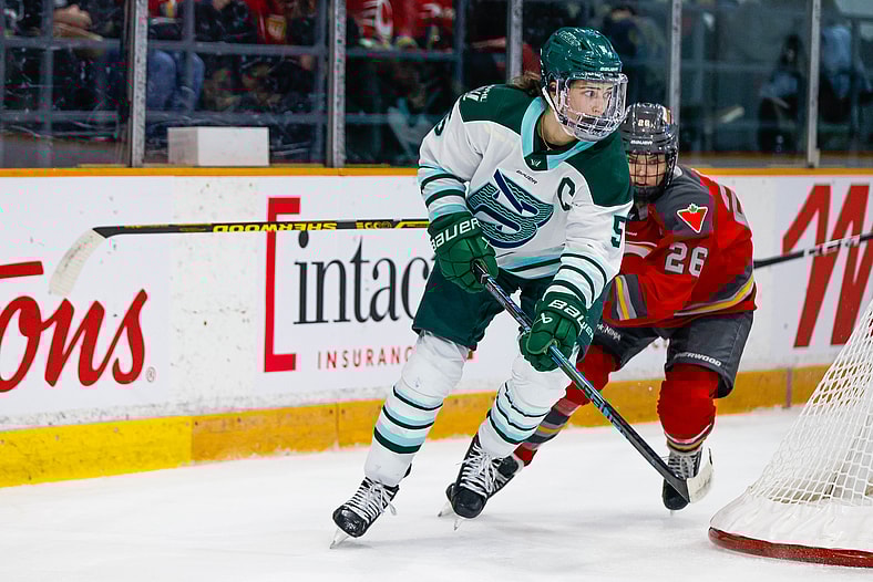 Boston Fleet captain Megan Keller carries the puck against the Ottawa Charge.