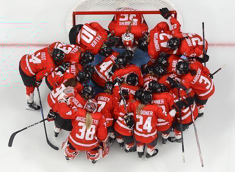 Team Canada huddles during the 2025 Rivalry Series